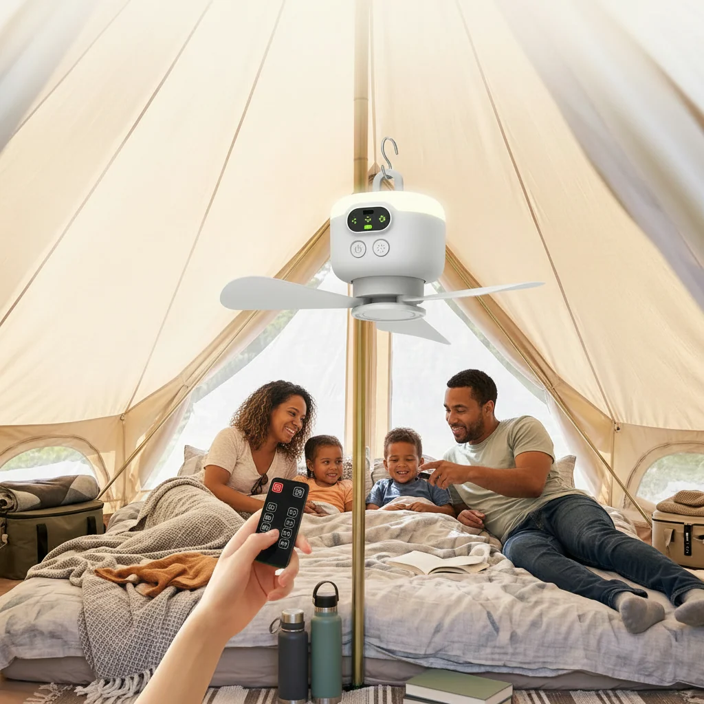 Battery Operated Fan with Light Portable Camping Hanging Fan - Image 2